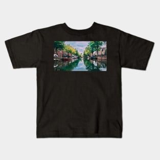 Amsterdam canal boats watercolor art painting Kids T-Shirt